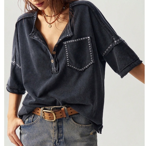 Solid Mineral Wash Reverse Stitch 1/2 button Short sleeve Top - Picture 1 of 5